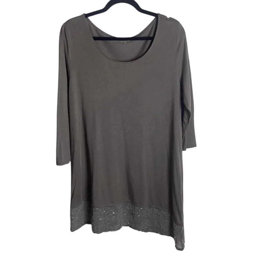Garnet Hill Size Lare Sequin Asymmetrical Hem Gray Tunic Top Bouse Scoop Neck